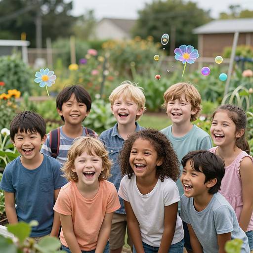 Diverse Kids in Vibrant AI Garden