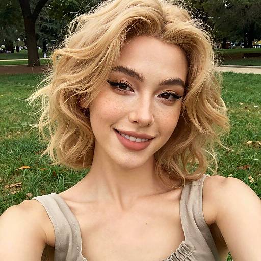 Photograph of a smiling young woman with wavy blonde hair, fair skin, and freckles, wearing a beige tank top, standing in a
