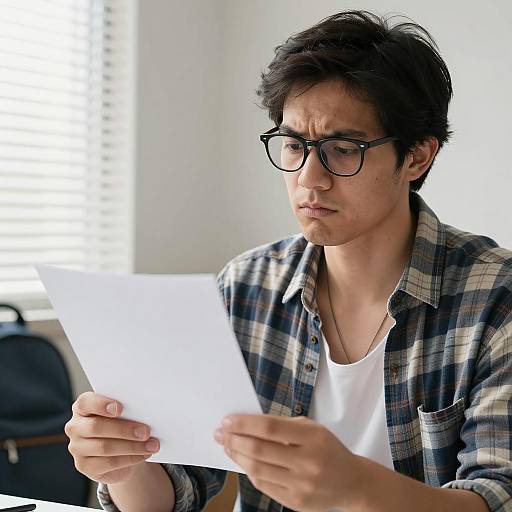 Young Man Reading Paper with Concern