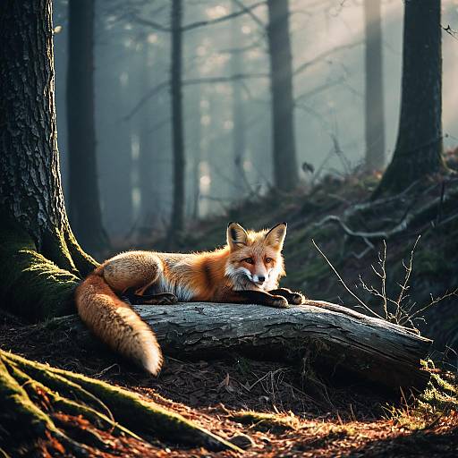 Resting Red Fox in Misty Woodland