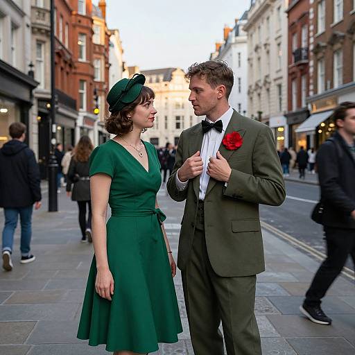 Photograph of a stylish couple in a vintage street scene, she in a green dress and hat, he in a green suit with a red rose,
