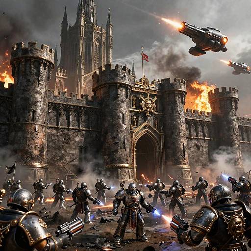 Photorealistic digital artwork of medieval castle under siege, with armored warriors firing guns, smoke, explosions, and flying tank in sky.