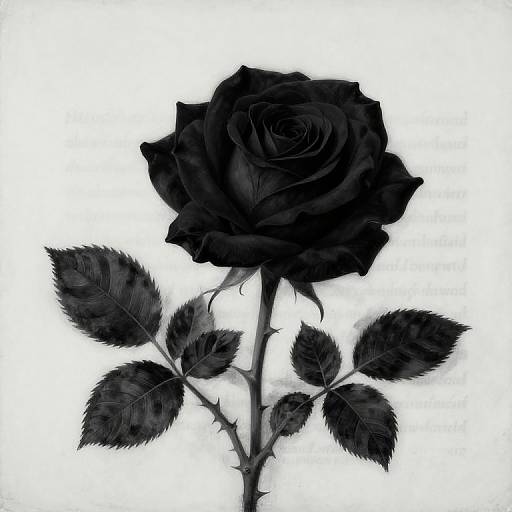 Digital black-and-white drawing of a single black rose with detailed, textured petals and leaves, against a stark white background.