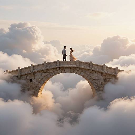 Photograph of a couple standing on a stone arch bridge, silhouetted against a sunset sky with fluffy clouds. Romantic, dreamy atmosphere.