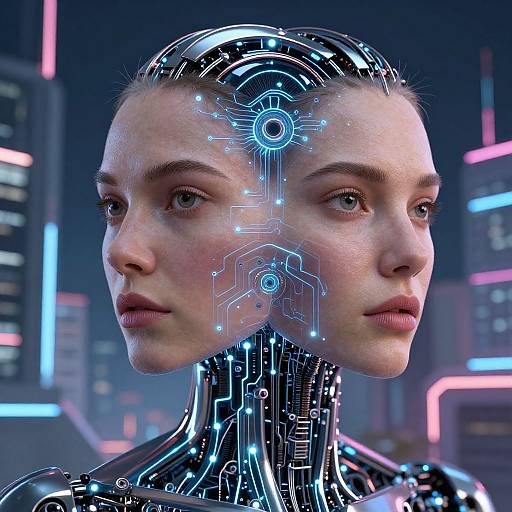 CGI image of a cybernetic woman with human and robotic features, glowing blue circuitry on her face, set against a neon-lit city