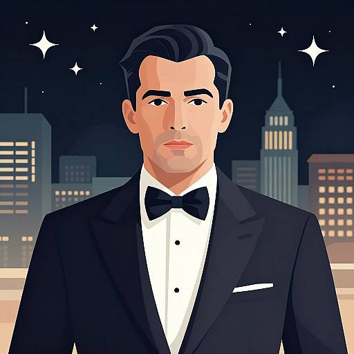 Digital illustration of a handsome man with short black hair, wearing a black tuxedo and bow tie, against a nighttime cityscape with glowing skyscrap