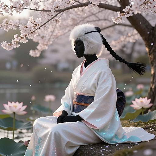 Photograph of a dark-skinned woman in a white kimono with blue iridescent accents, braided hair, sitting under cherry blossoms,