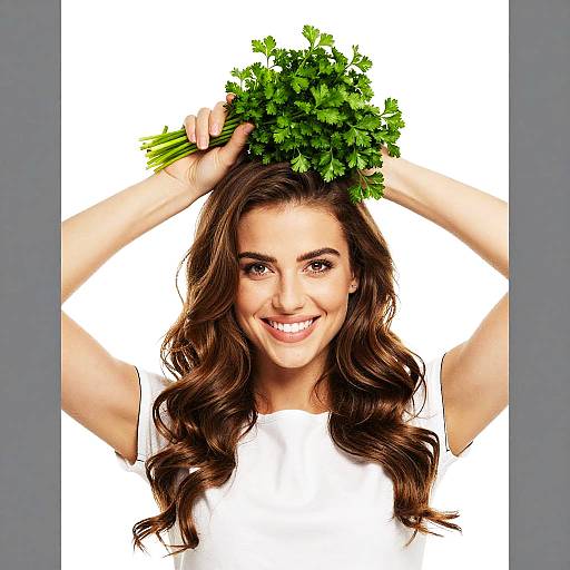 Photograph of a smiling woman with long, wavy brown hair, holding a bunch of fresh parsley above her head, wearing a white shirt, against