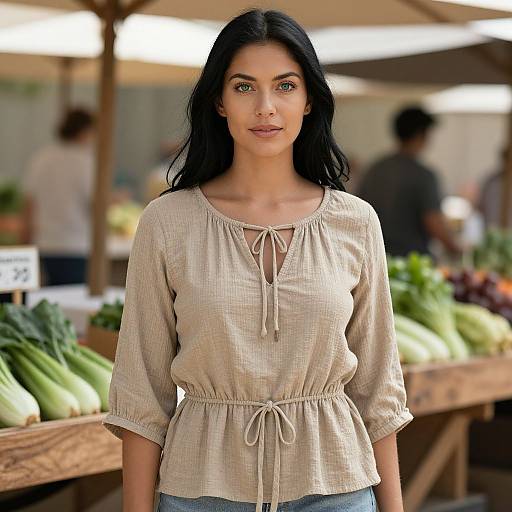 Photograph of a young woman with long black hair, green eyes, wearing a beige, lace-up, long-sleeve blouse, standing at a