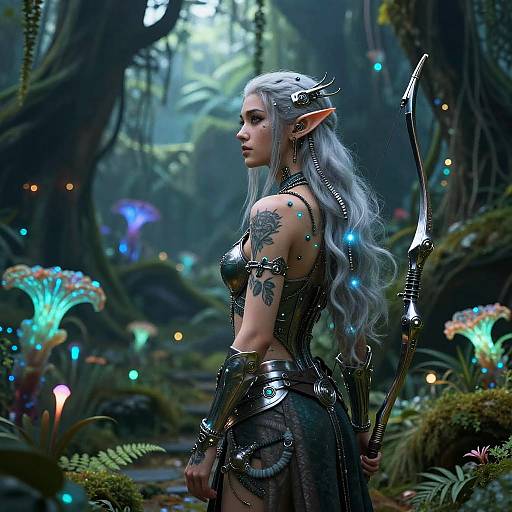 Sci-Fi Elf Exploring Bioluminescent Jungle