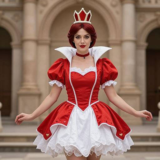 Photorealistic CGI of a red-haired woman in a red and white Cinderella-style dress with puffed sleeves, white lace trim, and a red