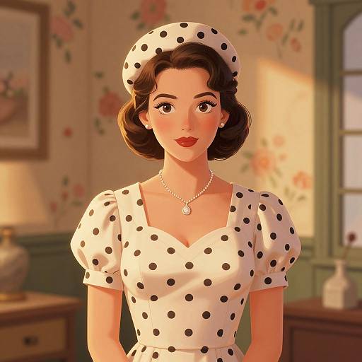 Digital artwork of a fair-skinned, brown-haired woman in a vintage, white polka dot dress and matching hat, standing in a sunlit,