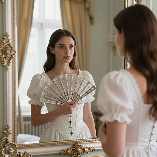 Woman in Corseted Dress Holding Ornate Fan in Elegant Room