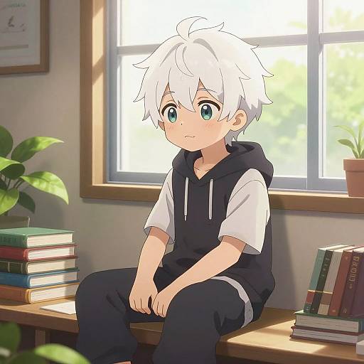 Cozy White-Haired Anime Boy