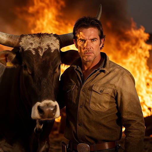 Photograph of rugged, middle-aged man with dark hair, wearing brown button-up shirt, standing beside black bull, with intense orange flames in background.