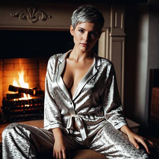 Woman in Silver Silk Pajamas by Fireplace