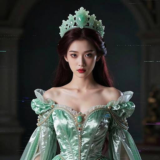Photograph of an East Asian woman with long black hair, wearing a mint green, off-shoulder, satin gown with lace trim, and a