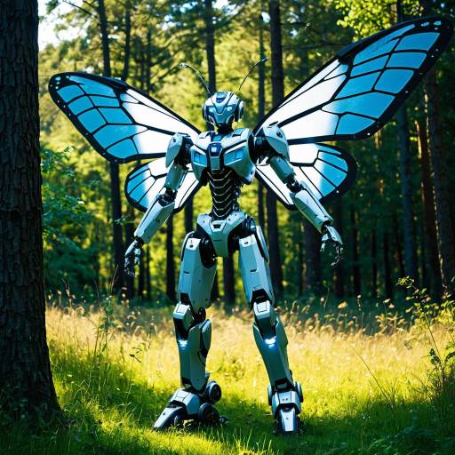 Futuristic Robot with Butterfly Wings in Forest