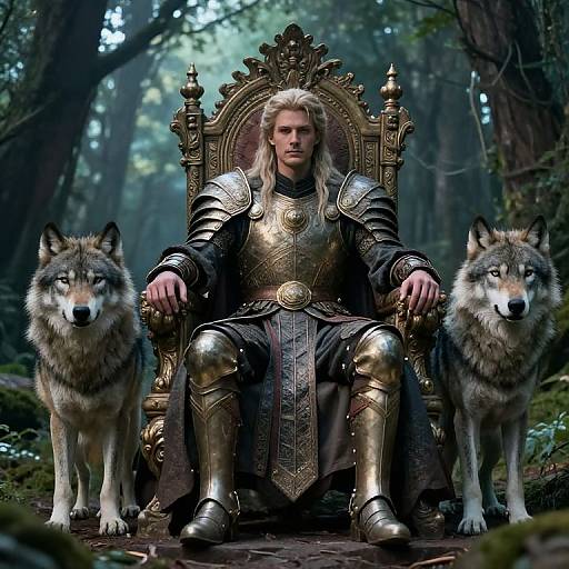 Photorealistic image of a blond, armored man with golden chest plate, seated on an ornate throne in a forest, flanked by two large