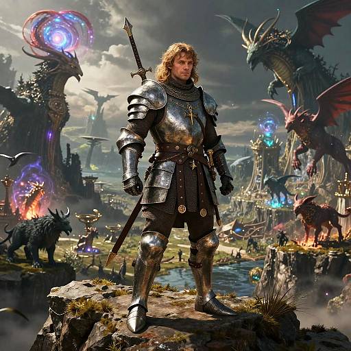 Epic fantasy illustration: Blonde warrior in silver armor stands on rocky outcrop, holding sword, amidst glowing dragons, magical orbs, and mystical landscape.