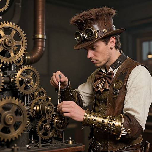 Steampunk male inventor in brown leather vest and goggles, adjusting intricate brass gears in a dimly lit workshop. Photorealistic digital artwork.