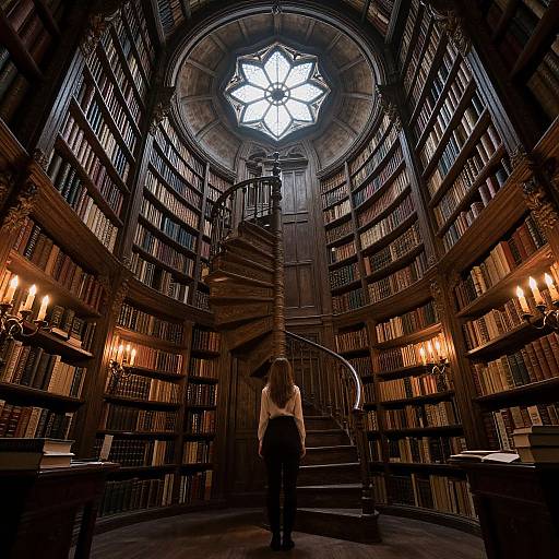 Photograph of a woman with long brown hair, standing at the center of a grand, dimly lit library with a spiral staircase, towering booksh