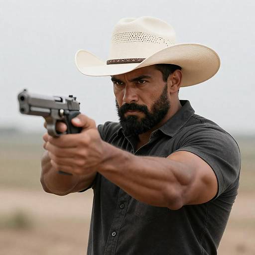 Man in Cowboy Hat Holding Handgun