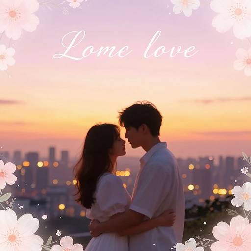 Photograph of a silhouetted couple kissing at sunset, city skyline blurred in background, surrounded by white floral border, text 