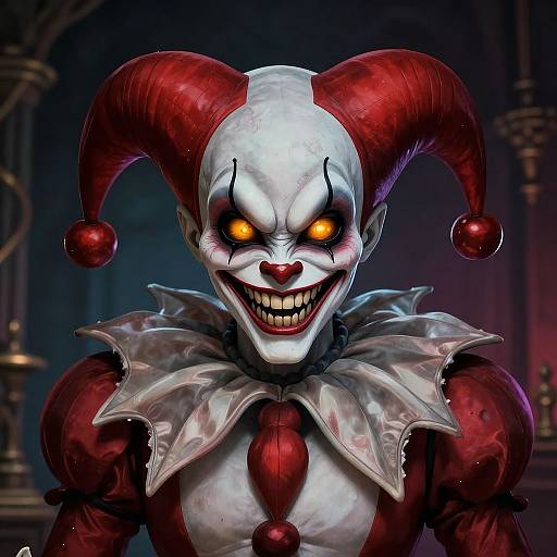 Digital CGI of a menacing clown with glowing orange eyes, white face, red jester hat, sharp teeth, and metallic ruffled collar. Dark,