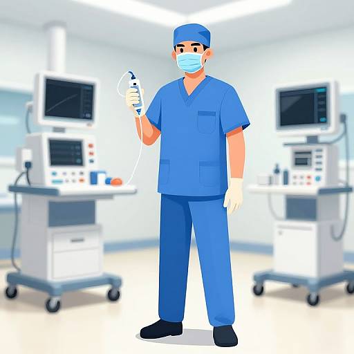 Digital illustration of a male nurse in blue scrubs, mask, and cap, holding a syringe, standing in a brightly lit, modern hospital room