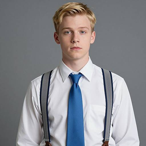 Photograph of a young, fair-skinned, blond man with blue eyes, wearing a white shirt, blue tie, and gray suspenders against a