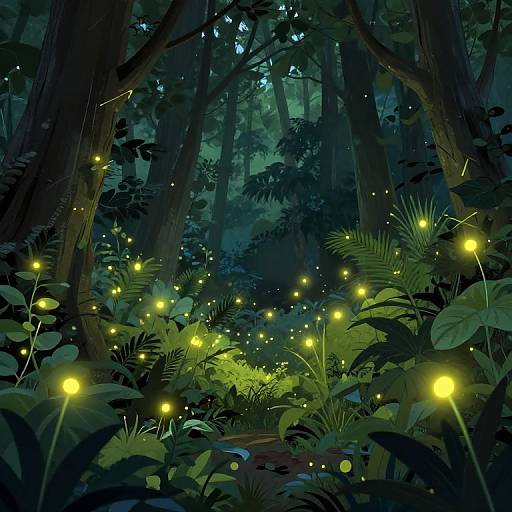 Digital illustration of a mystical forest at night, filled with glowing yellow fireflies among lush green ferns and tall trees, creating a magical, lumines