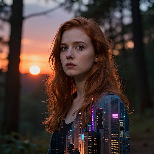 Photograph of a red-haired woman with fair skin, wearing a sequin top with city lights, standing in a forest at sunset.
