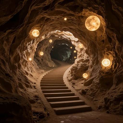 Photograph of a dark, winding cave tunnel with rough, rocky walls illuminated by glowing, orange, spherical lights along a descending stone staircase.