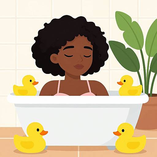 Digital illustration of a dark-skinned woman with curly black hair, eyes closed, bathing in a white tub with four yellow rubber ducks, green plant in