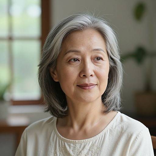 Photograph of an elderly Asian woman with silver hair, light brown skin, wearing a white embroidered blouse, smiling softly in a sunlit room.