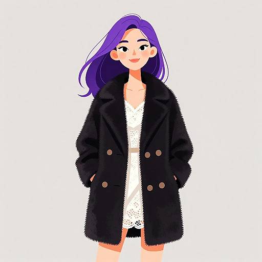 Digital illustration of a smiling woman with purple hair, wearing a black fur coat over a white lace dress, standing against a white background.