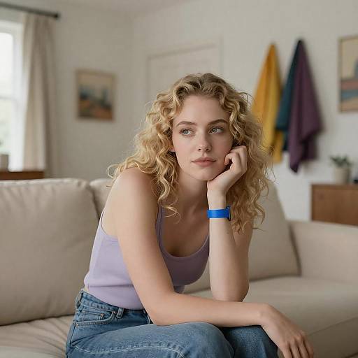 Young Woman Sitting Thoughtfully on Couch