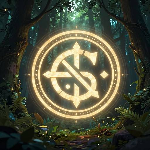 Digital artwork of a glowing, circular, yellow compass-like symbol with arrows in a dark, dense, enchanted forest with lush, green foliage.