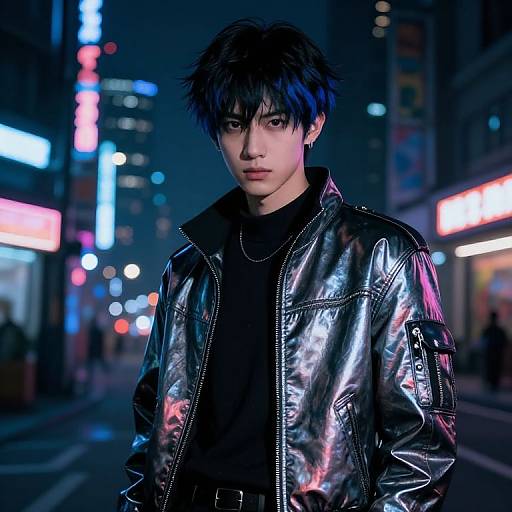 Digital anime-style photograph of a young man with black, spiky hair, wearing a shiny black leather jacket, standing in a neon-lit urban night