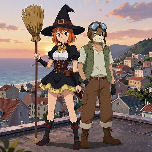 Anime-style drawing of a red-haired witch in black dress and hat with broomstick, and a brown-haired pilot in goggles and green vest, standing