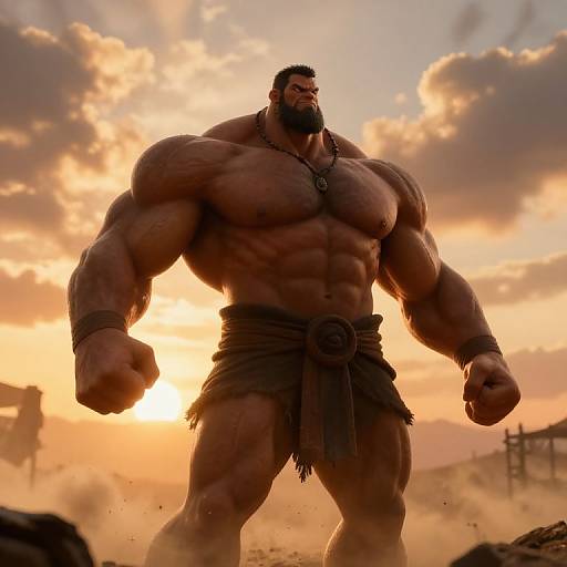 CGI image of a muscular, bearded man with dark skin, wearing a loincloth and necklace, standing confidently at sunset with a dramatic,