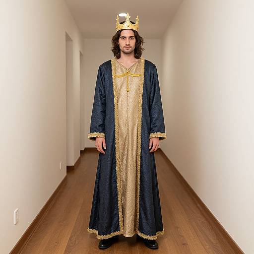 Photograph of a man with long brown hair, wearing a gold crown, blue and gold robe, standing in a white hallway with wooden floors.