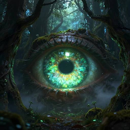 Digital CGI artwork of a glowing, green and yellow-eyed creature's eye, surrounded by dark, moss-covered forest, with tree branches framing the iris.