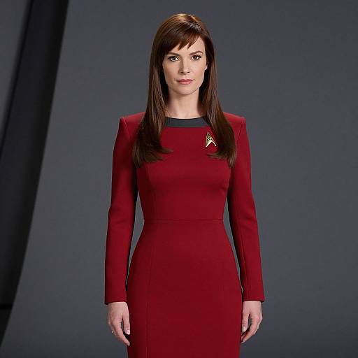 Photograph of a white woman with straight brown hair, wearing a red Starfleet uniform dress with black collar and triangle pin, standing against a dark blue