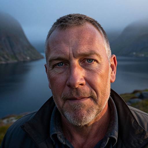 Photograph of a middle-aged man with short gray hair and beard, blue eyes, wearing a dark jacket, standing in front of a misty,