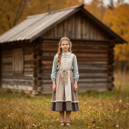 Vintage Girl by Rustic Cabin in Autumn