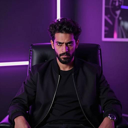 Intense Man Sitting in Neon Lit Room