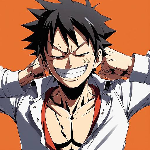 Digital anime-style drawing of a grinning, spiky-haired man with clenched fists, wearing an unbuttoned white shirt, against a bright orange