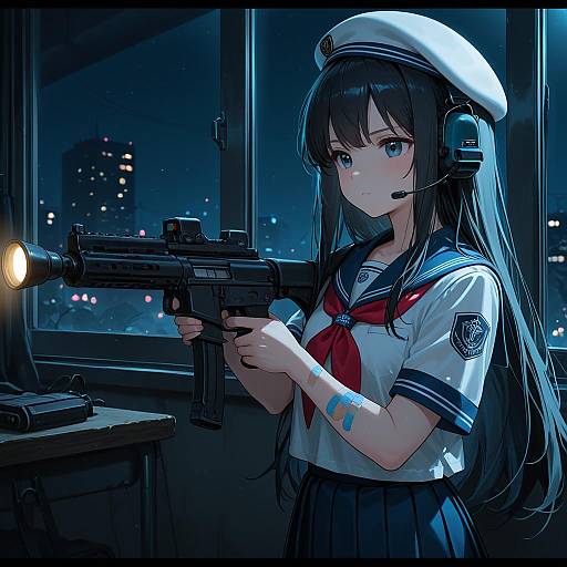 Schoolgirl with Gun and Headset